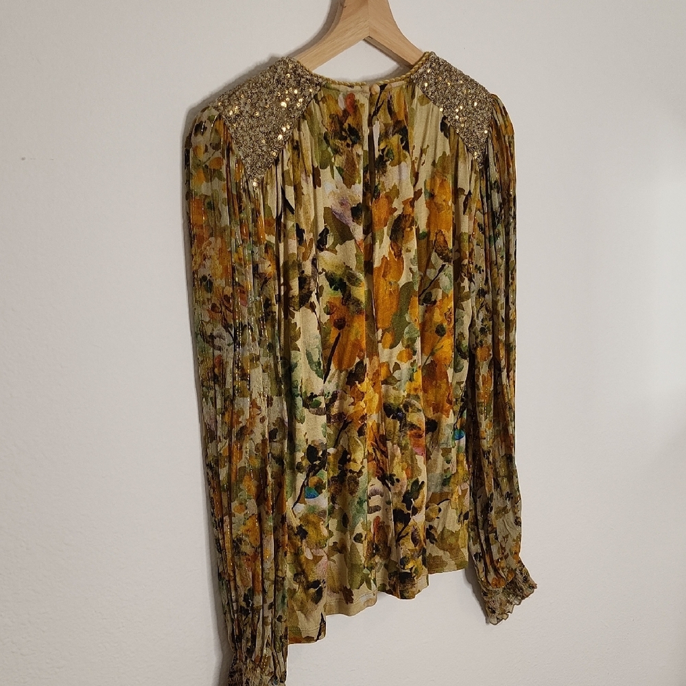 Anthropologie Floral Sequin Blouse in Gold and Cream